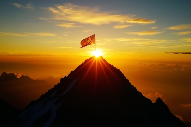 Photo sunrise over majestic mountain peak with flag