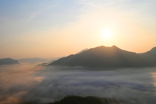 Sunrise mist cover mountain background winter foggy view at beautiful misty spring mountain valley and mountains in mist on background landscape forest in the morning beautiful