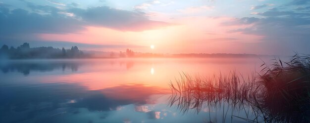 Photo sunrise over misty lake with grass in the foreground realistic image