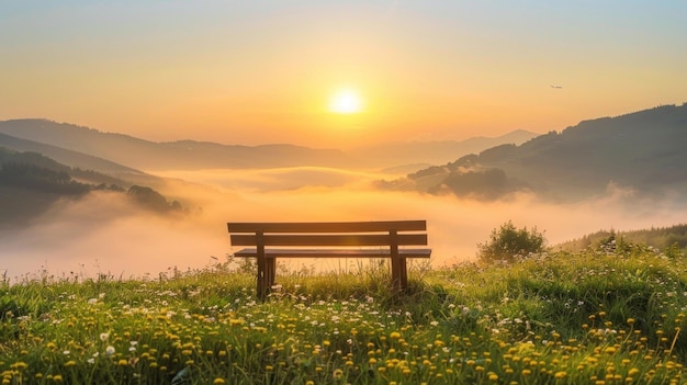 Sunrise over Misty Mountain with a Lonely Bench