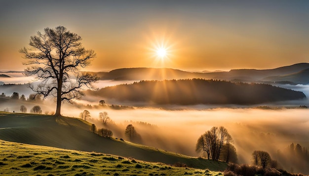 Photo sunrise in a misty valley