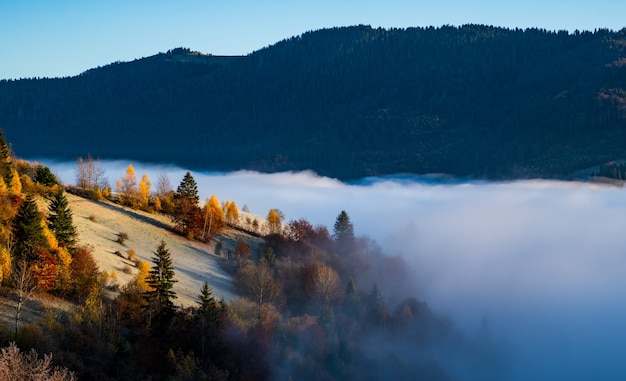 Sunrise over mountain hils covered with gray mist