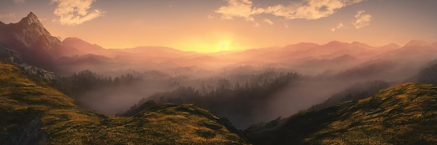 Sunrise in the mountains beautiful landscape Morning fog flows down the slopes of the mountains Panorama of mountain peaks and ridges 3d illustration