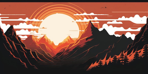 Sunrise over mountains landscape beautiful retro artistic style