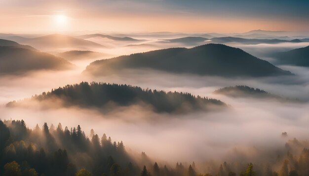 sunrise over the mountains with a morning fog