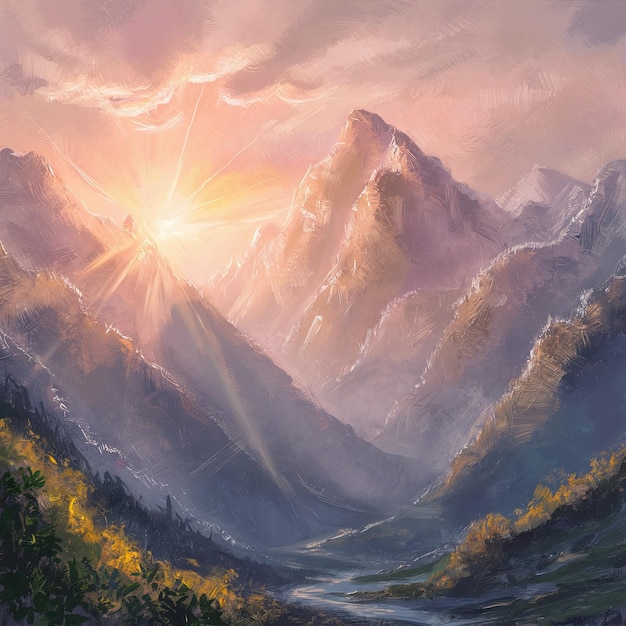 Sunrise over the mountains with the sun rays peeking through the peaks and illuminating the valley