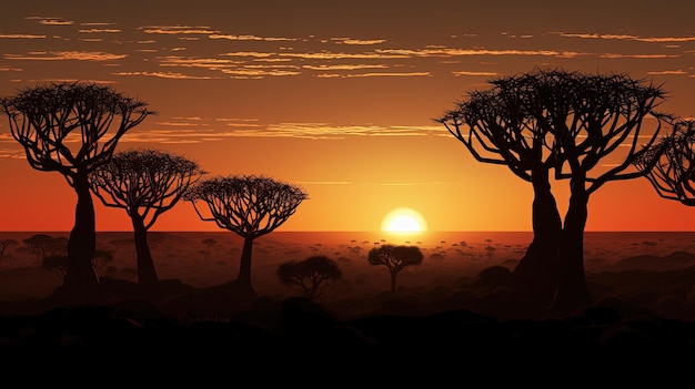 Sunrise in Namibia shows the outline of quiver trees silhouette concept