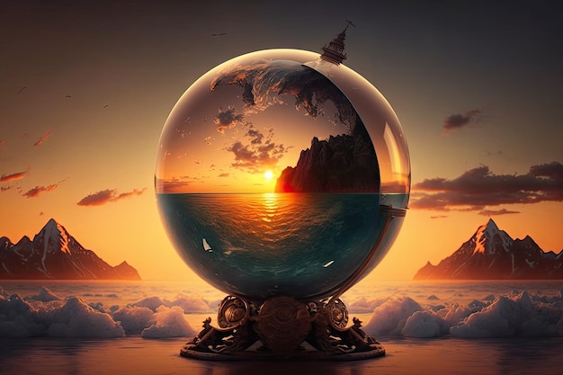 A sunrise over the ocean with a globe in the background