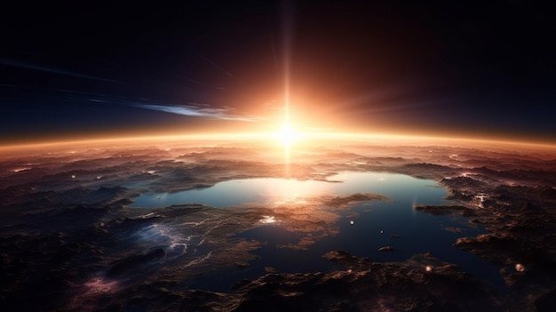 Sunrise over the planet Earth concept with a bright sun and flare and city lights panoramic