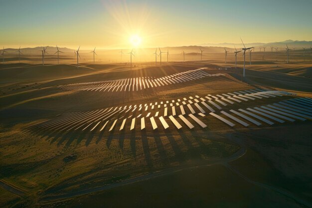 Photo sunrise over renewable energy landscape with solar panels and wind turbines clean energy concept futuristic design ideal for sustainability projects and environmental presentations generative ai