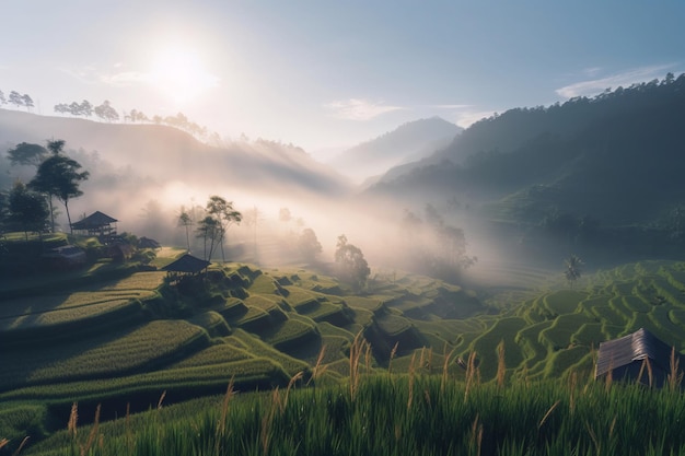 A sunrise over rice fields in the mountains