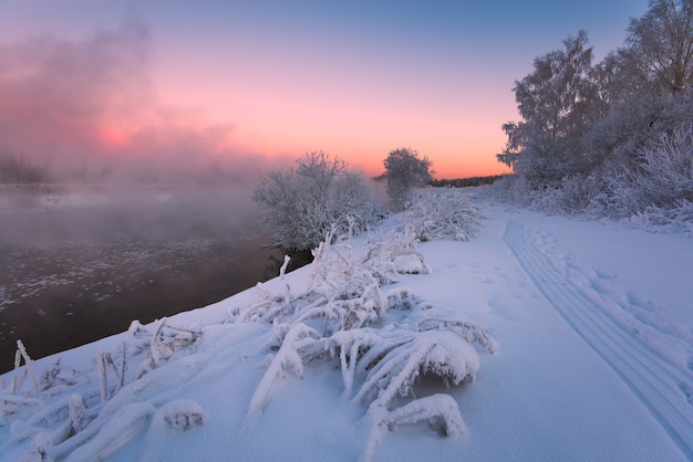 Sunrise on the river on a cold winter morning