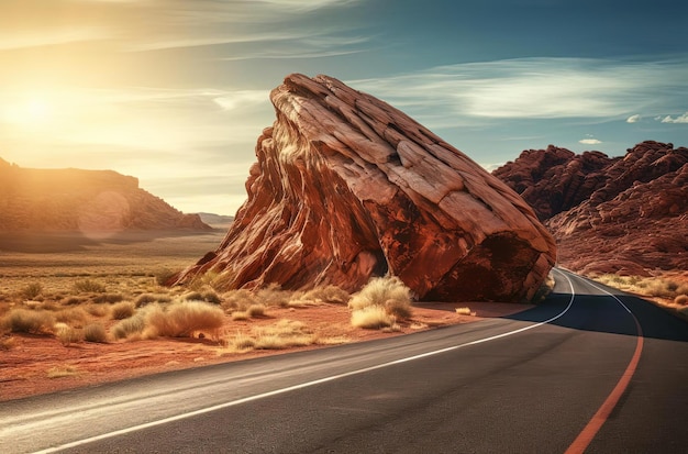 sunrise on road with desert rock formations and red rocks in the style of wavy resin sheets