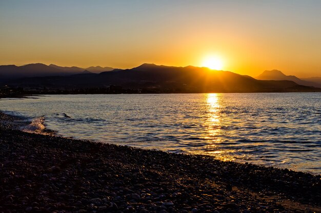 Sunrise at rocky sea coast in Turkey