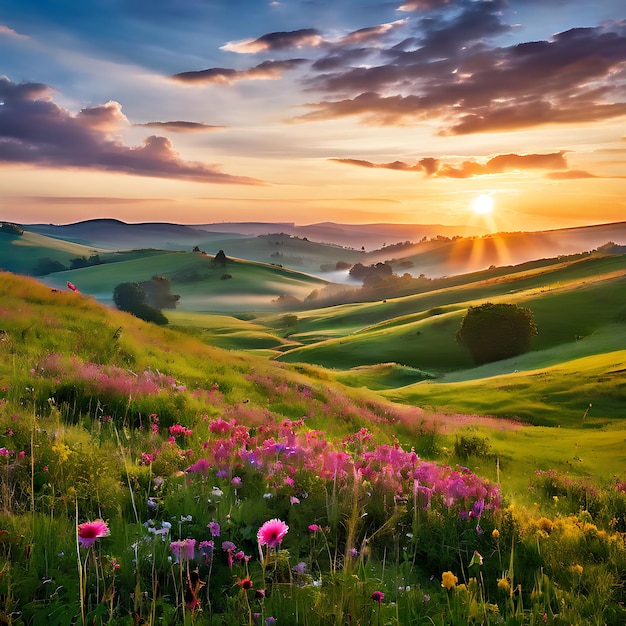 Photo sunrise rolling hills wildflowers