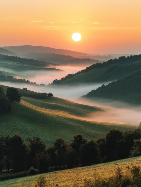 Photo sunrise over rolling hills with fog