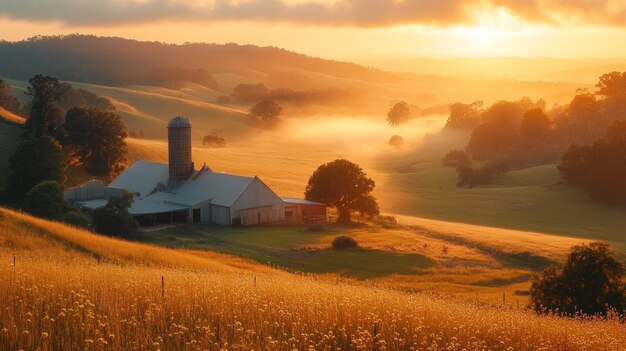 Sunrise over Rural Farmhouse