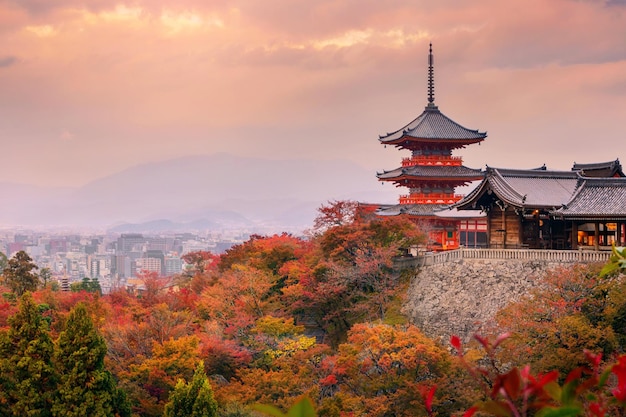 Sunrise over sanjunoto pagoda and kiyomizudera temple in the autumn season kyoto