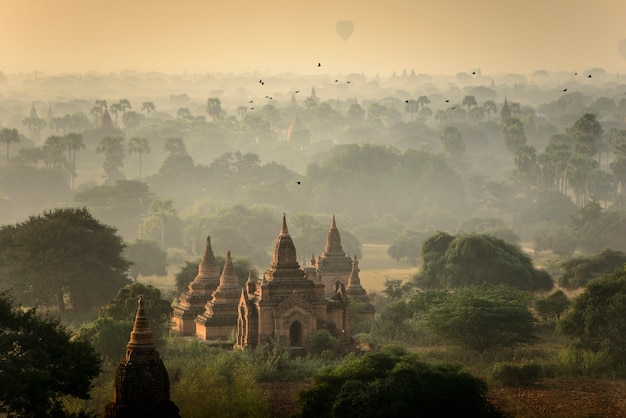 Sunrise scene at pagoda ancient city field in Bagan Myanmar