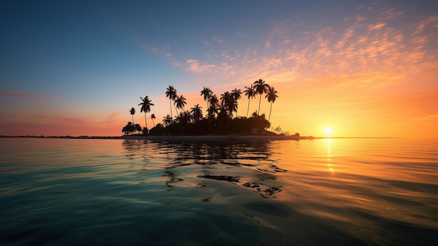 Sunrise at sea with islands and coconut trees Generative AI