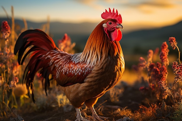 Sunrise Sentinel Decorative Rooster in Sunny Rural Farm