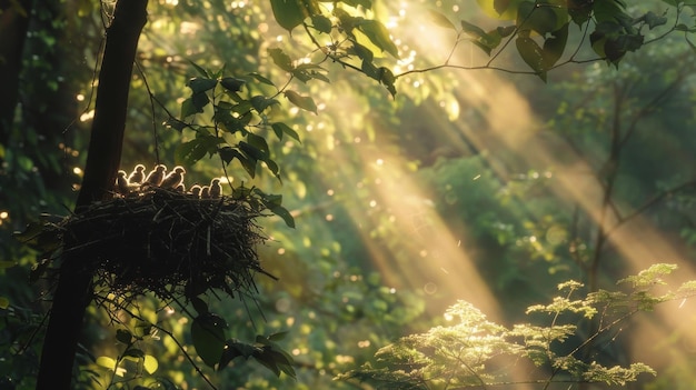 Sunrise Silhouette of Baby Birds in Nest