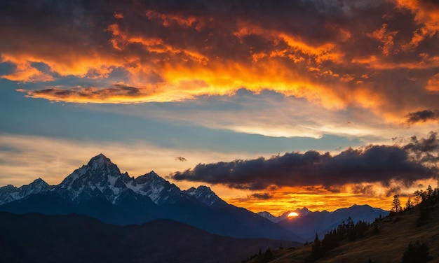 Sunrise over snowcapped mountain peaks