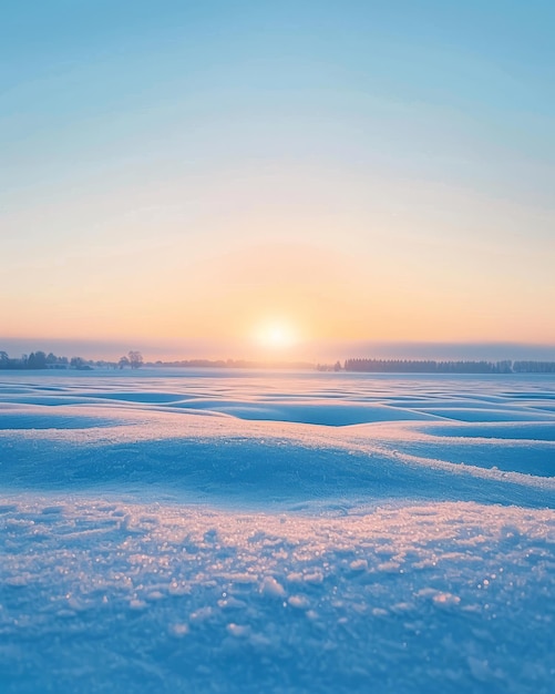 Sunrise over a snowcovered field with a pale blue sky peaceful winter morning