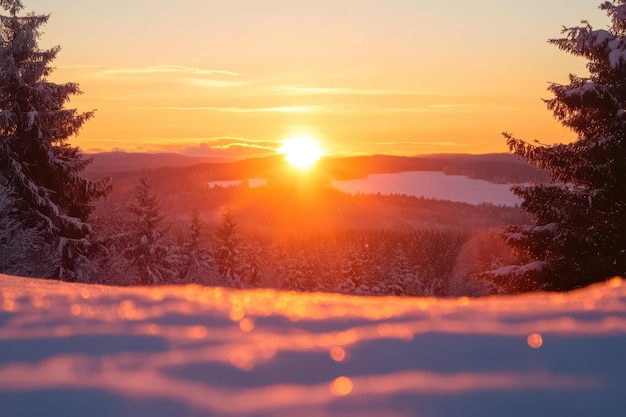 Photo sunrise over snowcovered mountains with vibrant colors in winter landscape