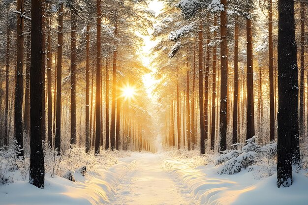 Sunrise in a Snowy Winter Forest with Golden Light