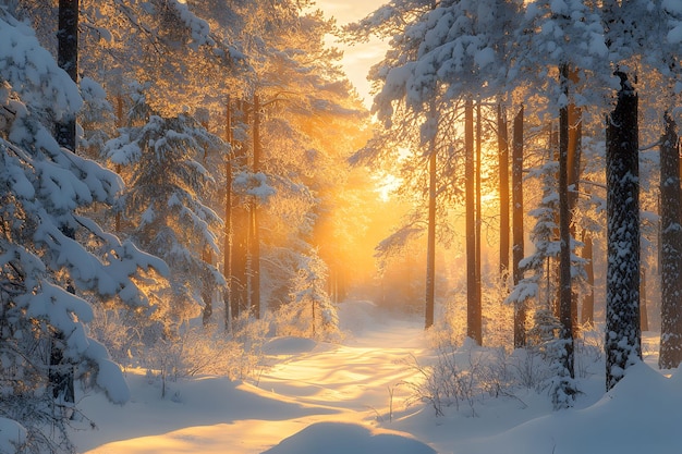 Sunrise in a Snowy Winter Forest with Golden Light