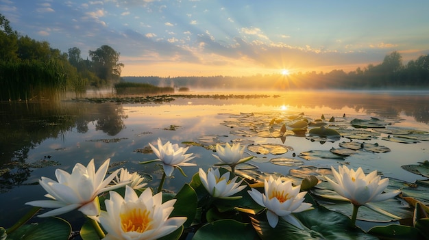 Sunrise over a spring lake with a white lilies Generate Ai