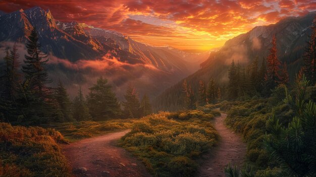 At sunrise and sunset a breathtaking landscape is revealed in the distance from the autumn scenery of forests rivers and hiking trails Stock artificial intelligence