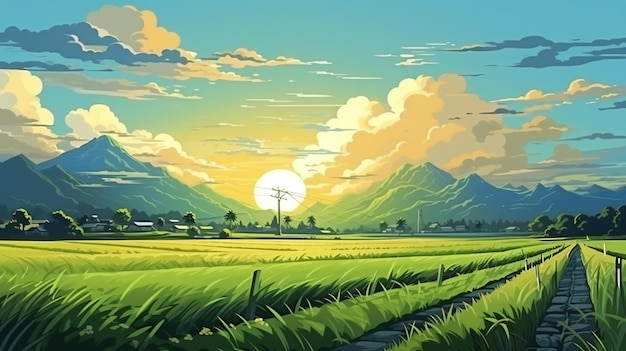 Sunrise sunset morning rice field landscape