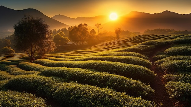 Sunrise over a tea plantation with mountains in the background