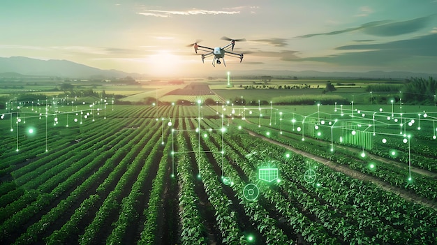 Photo sunrise over a tech driven farm with drones and ai analytics