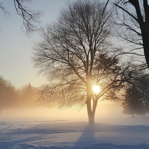 Sunrise Through Trees in a Misty Winter Landscape