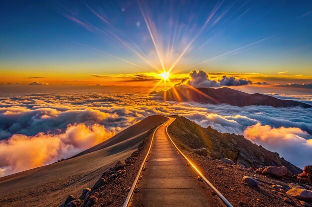 Photo sunrise at the top of haleakala in maui hawaii on a crisp sunny morning with leading lines