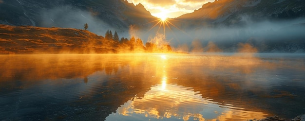 Photo sunrise over a tranquil mountain lake