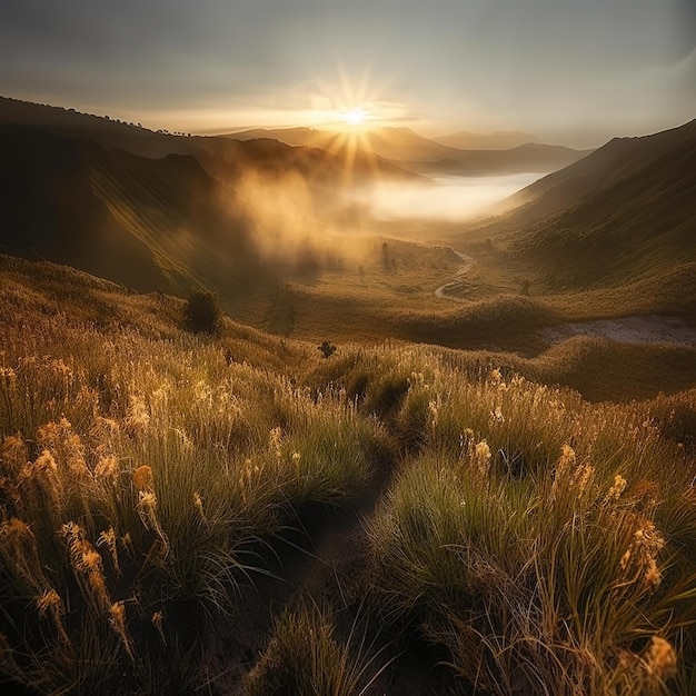 A sunrise over a valley with a mountain in the background