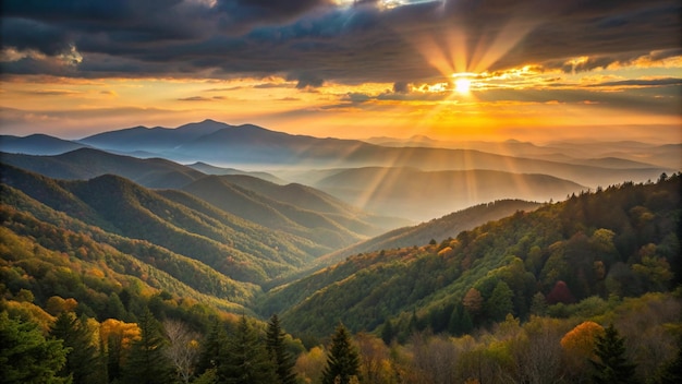 a sunrise over a valley with mountains in the background