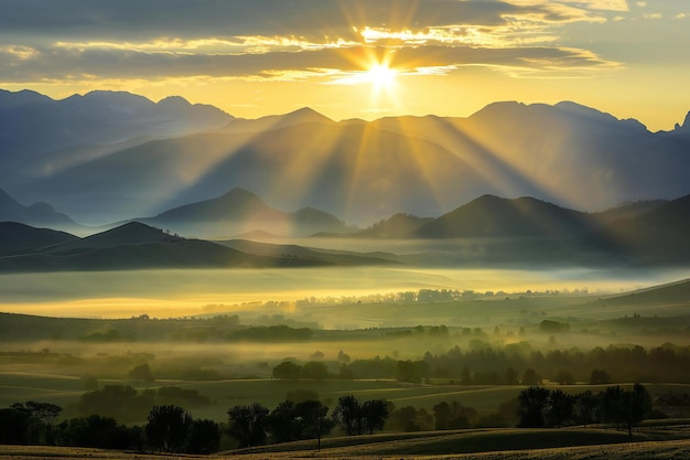 a sunrise over a valley with the sun shining through the clouds