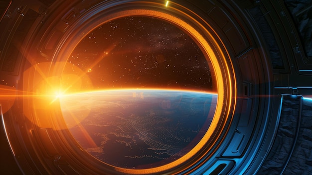 A sunrise view from a spacecraft window overlooking Earth39s horizon