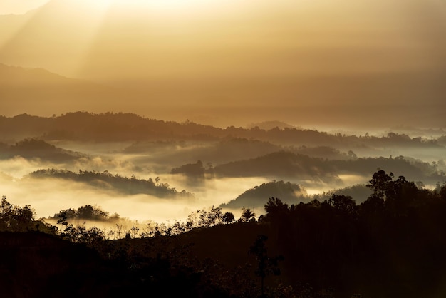 Sunrise view with sunbeam over mountain in Sabah Borneo Malaysia