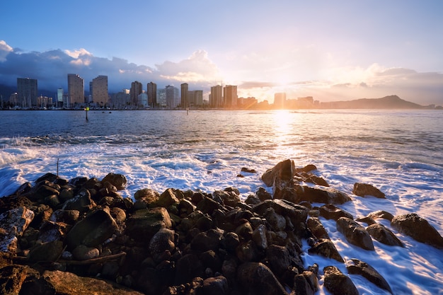 Sunrise over Waikiki beach and Diamond Head, Honolulu, Oahu, Hawaii, USA