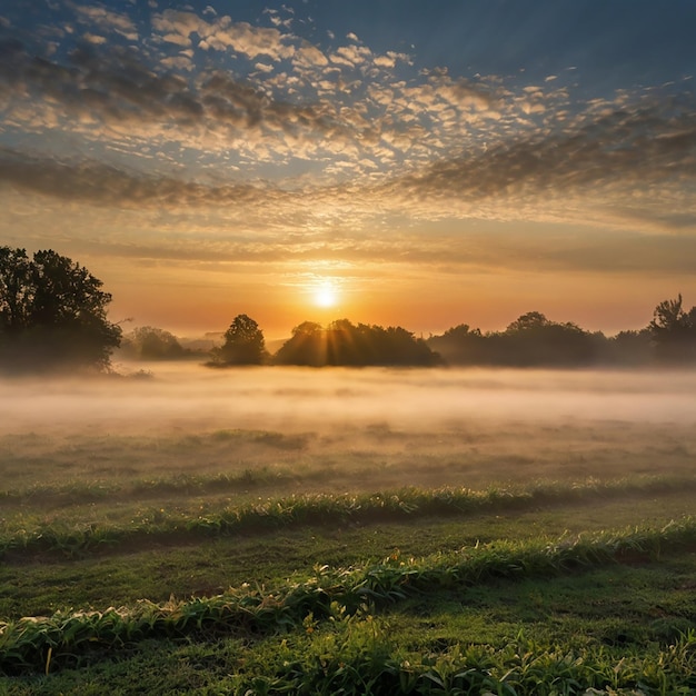 Sunrise with fog on the field winter morning