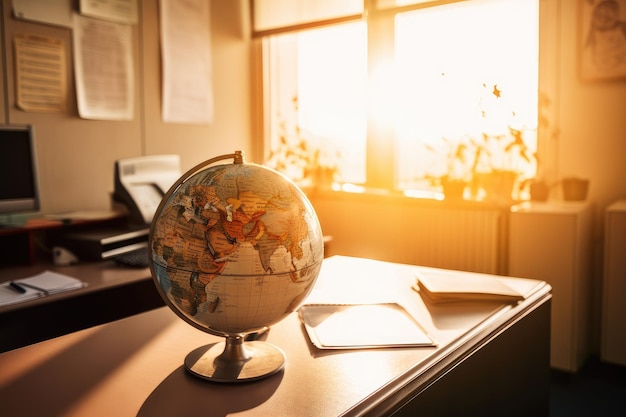 Sunrise with the sun rising over a globe in an office setting created with generative ai