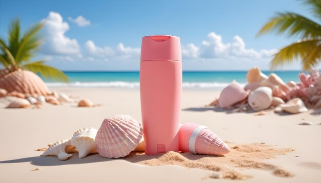 A sunscreen bottle on a sandy beach with seashells against a blue sky with clouds