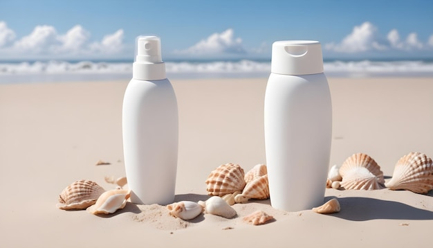 A sunscreen bottle on a sandy beach with seashells against a blue sky with clouds