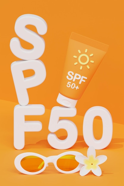 Sunscreen cream ad template with 3d SPF letters design 3d illustration on the orange background